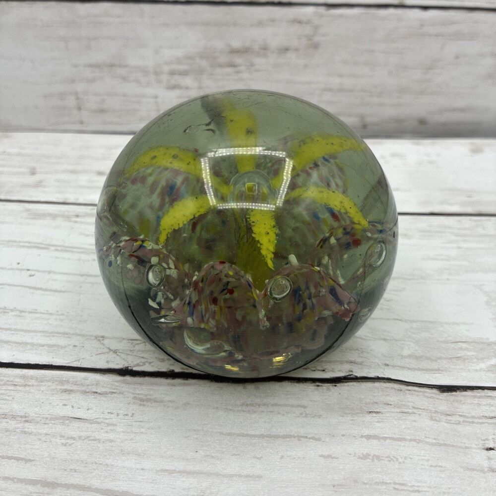 Heavy Round Colorful Art Glass Decorative Paperweight Green Flower Confetti